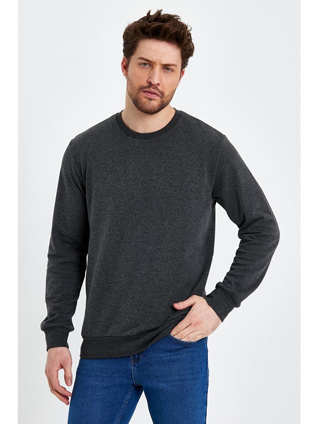 Antrasit Bisiklet Yaka Basic İnce Erkek Sweatshirt-3
