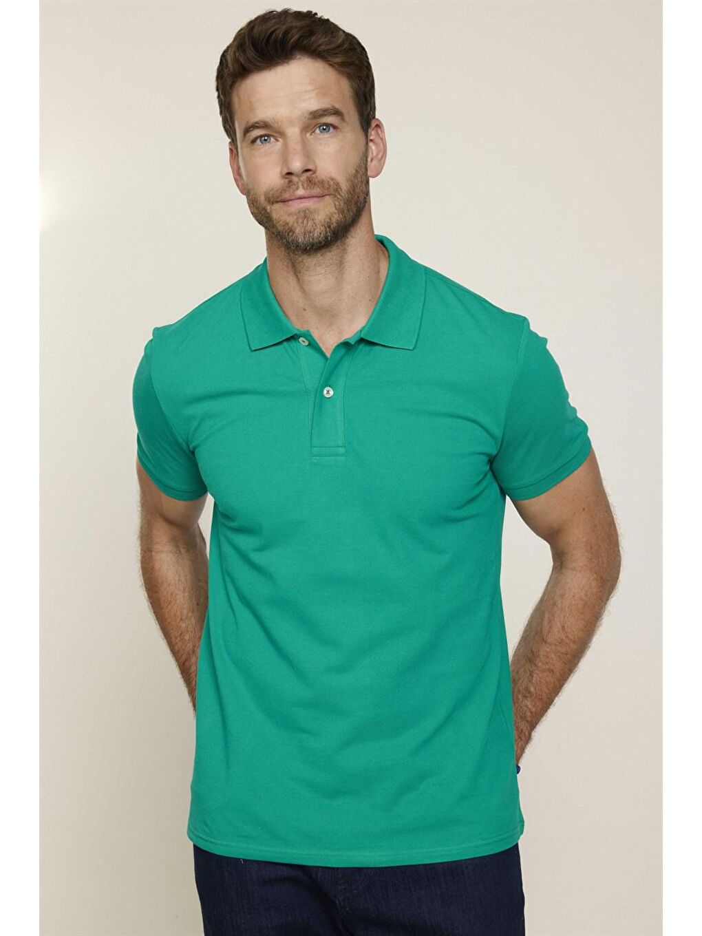 Erkek Polo Yaka Slim Fit Düz Pamuk Pike Yeşil Tişört-1