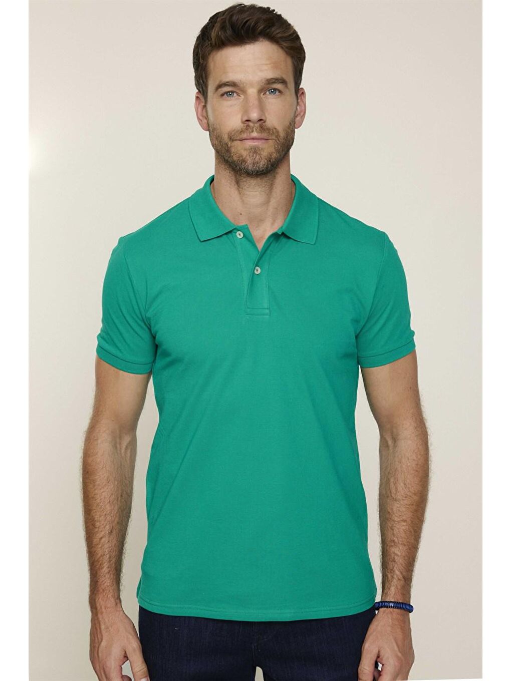 Erkek Polo Yaka Slim Fit Düz Pamuk Pike Yeşil Tişört-2