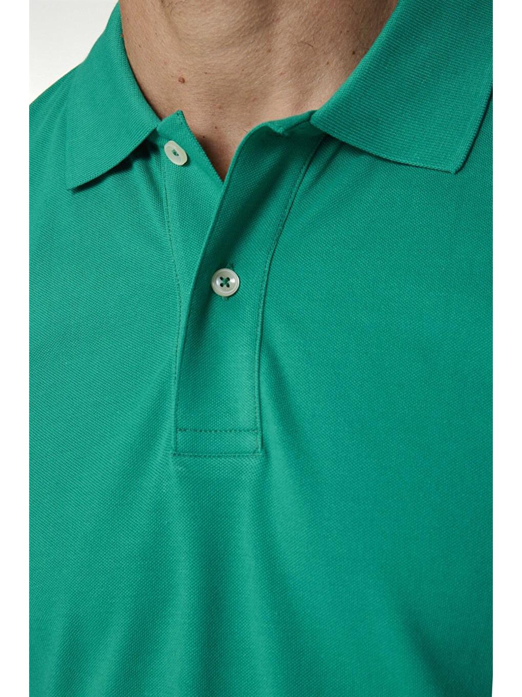 Erkek Polo Yaka Slim Fit Düz Pamuk Pike Yeşil Tişört-3