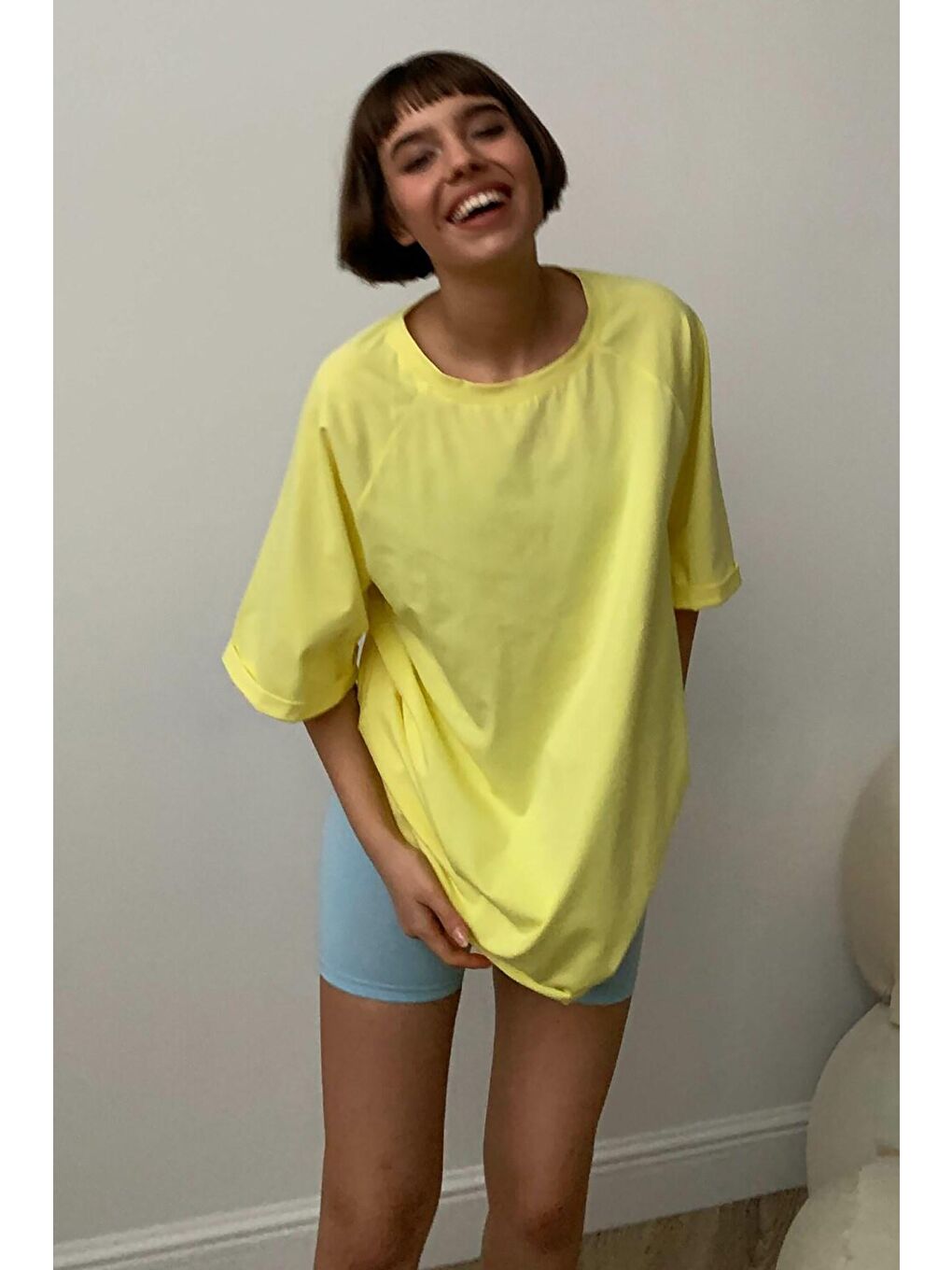 Madmext Sari Sarı Oversize Basic Kadın Tişört