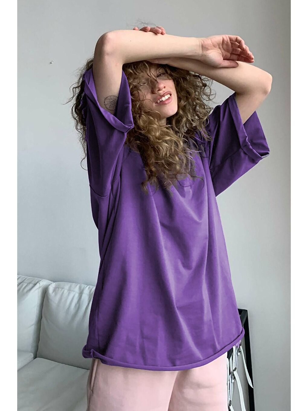 Mor Oversize Basic Kadın Tişört