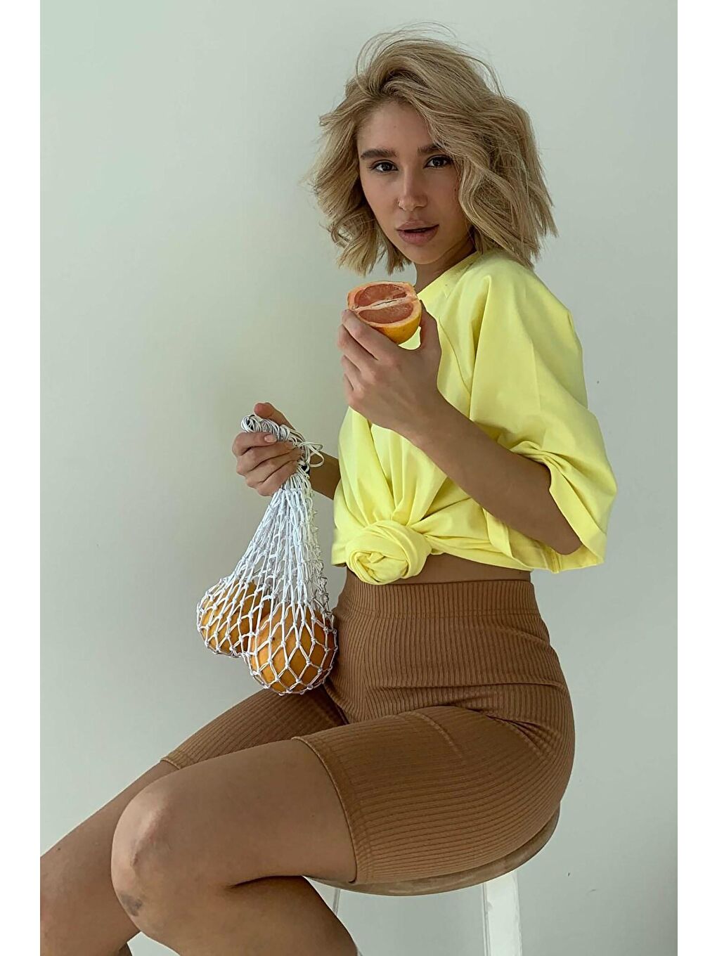 Madmext Sari Sarı Oversize Basic Kadın Tişört - 1