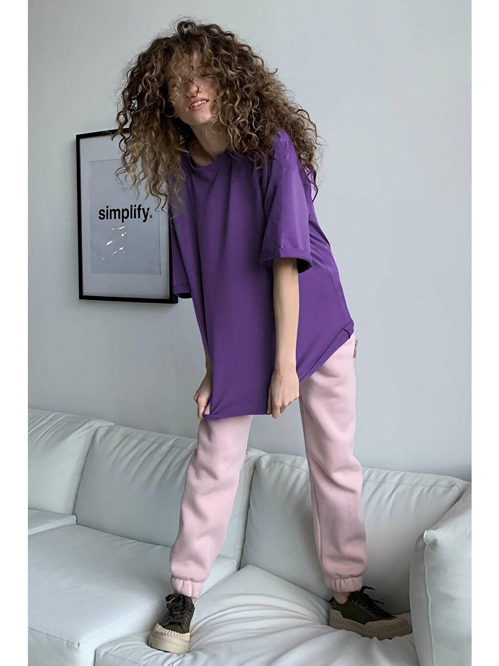 Mor Oversize Basic Kadın Tişört-1