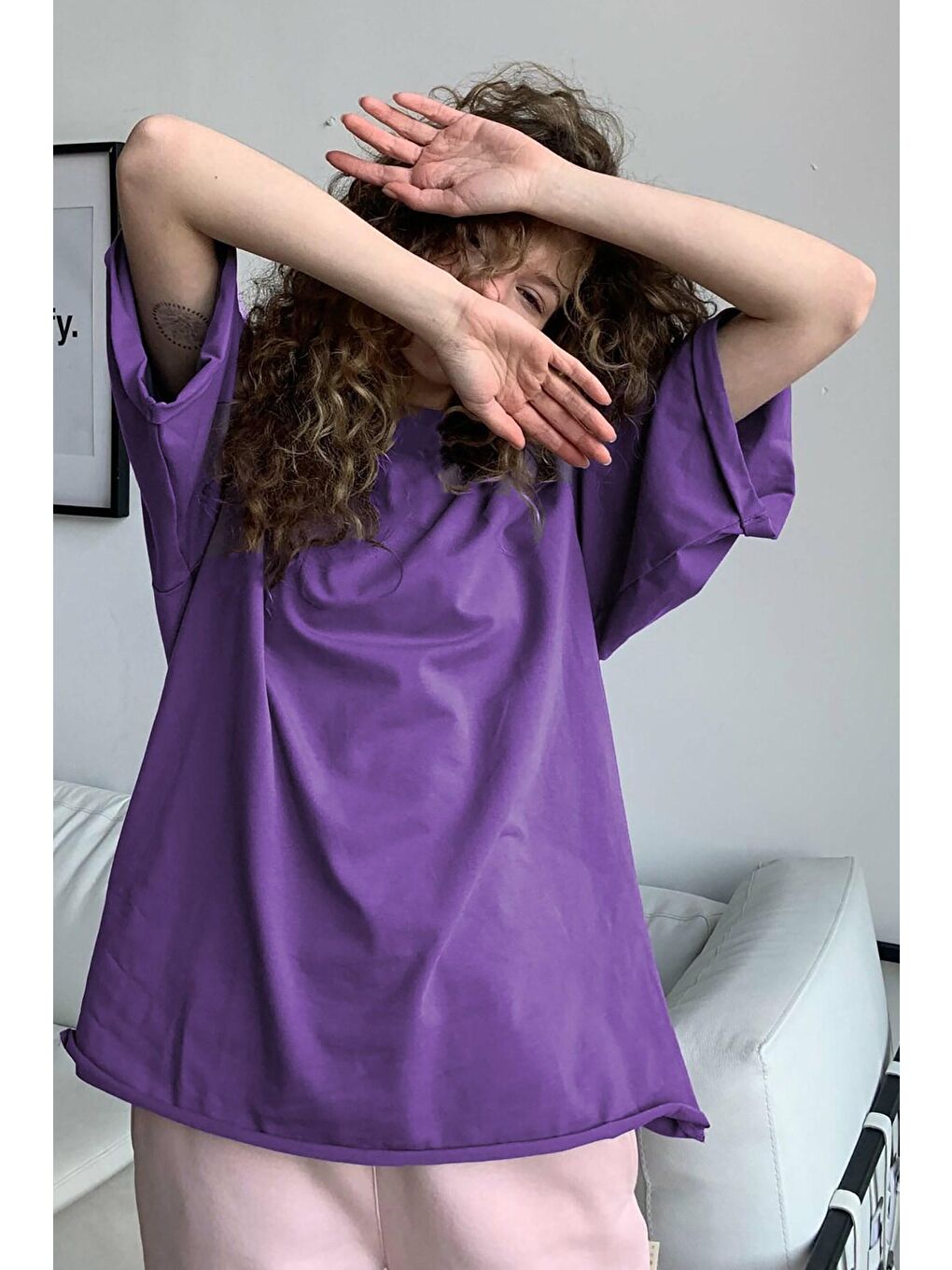 Mor Oversize Basic Kadın Tişört-2