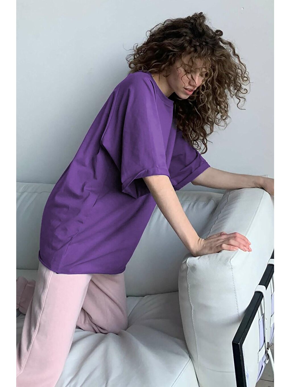 Mor Oversize Basic Kadın Tişört-3