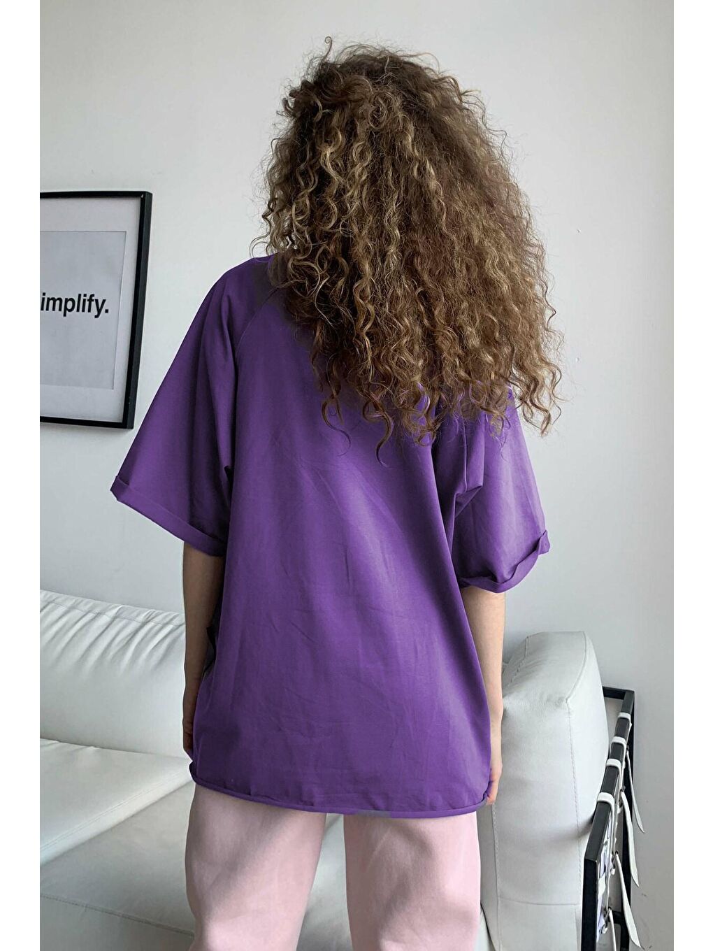 Mor Oversize Basic Kadın Tişört-4