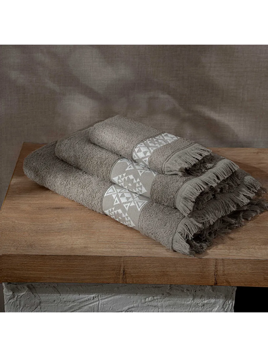 Hereke 3'lü Havlu Seti %100 Pamuk Jakarlı Bej-1