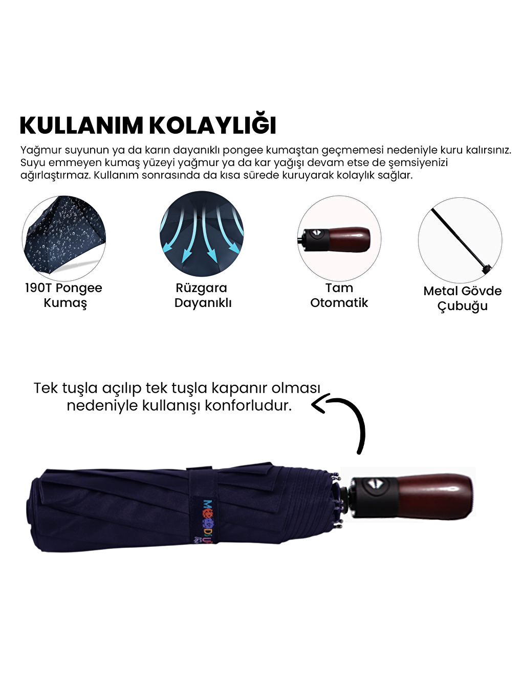 Moods Up Premium Ahşap Saplı Lacivert Otomatik Şemsiye-2