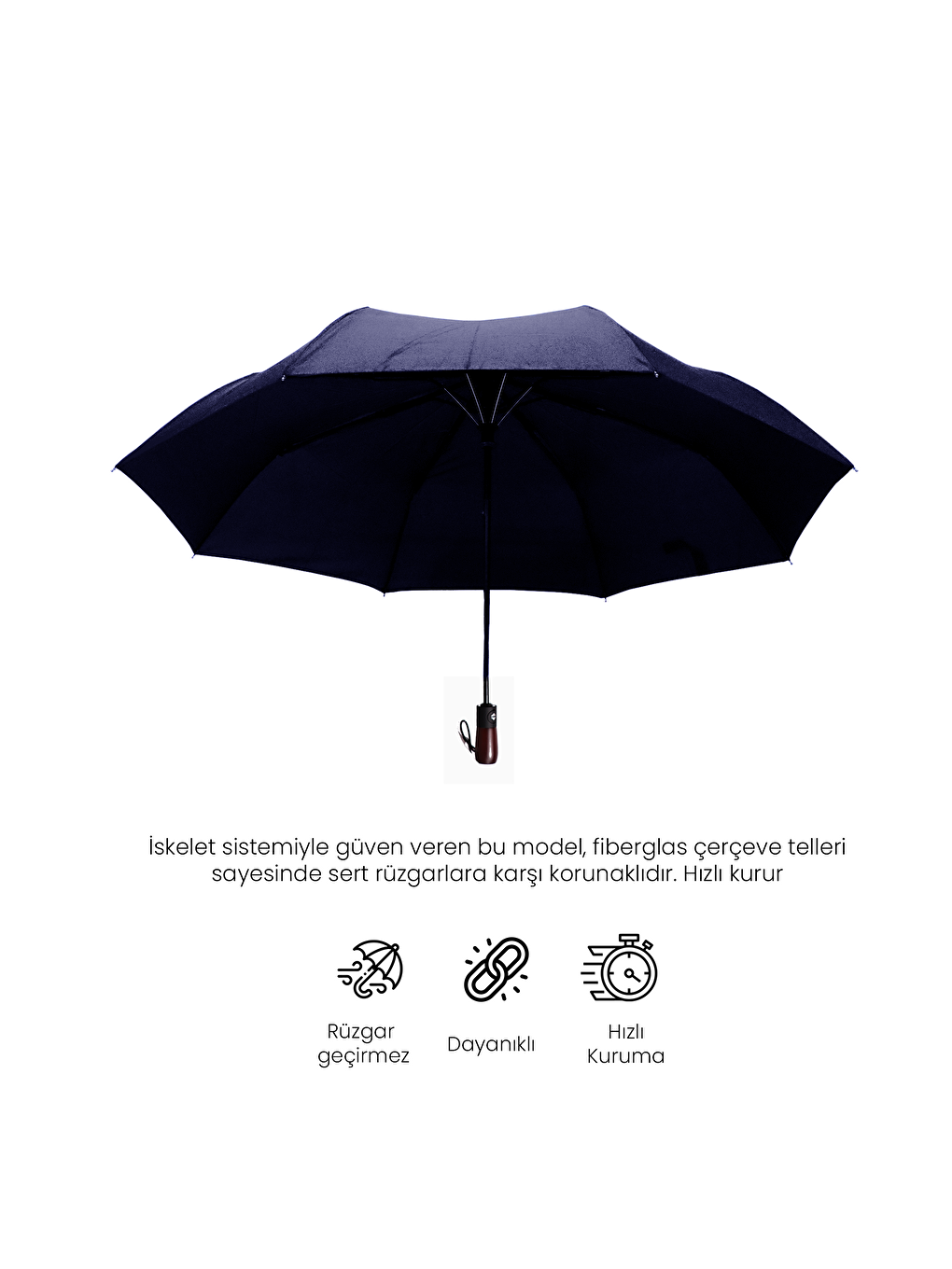 Moods Up Premium Ahşap Saplı Lacivert Otomatik Şemsiye-5