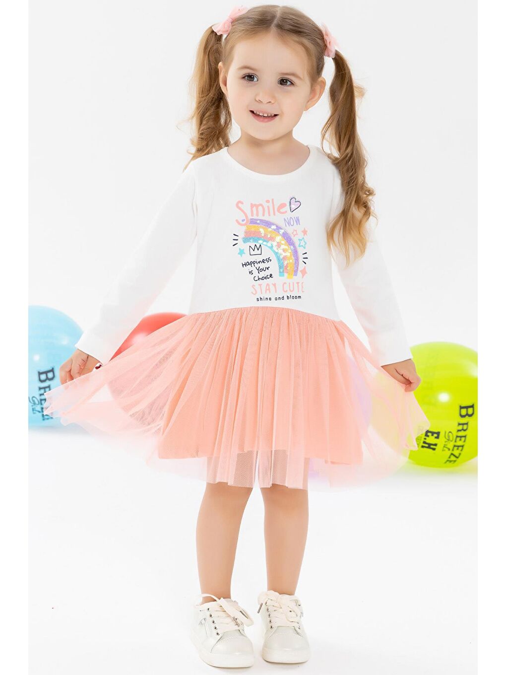 Kız Bebek Uzun Kollu Elbise  Baskılı Ekru (1.5 Yaş)