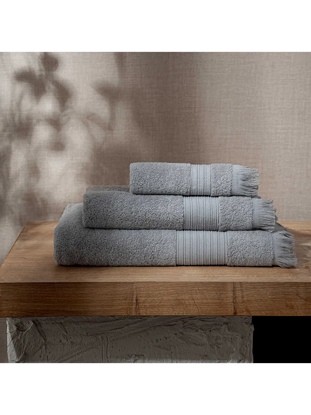 Aya 3'lü Havlu Seti %100 Pamuk Jakarlı Gri-1
