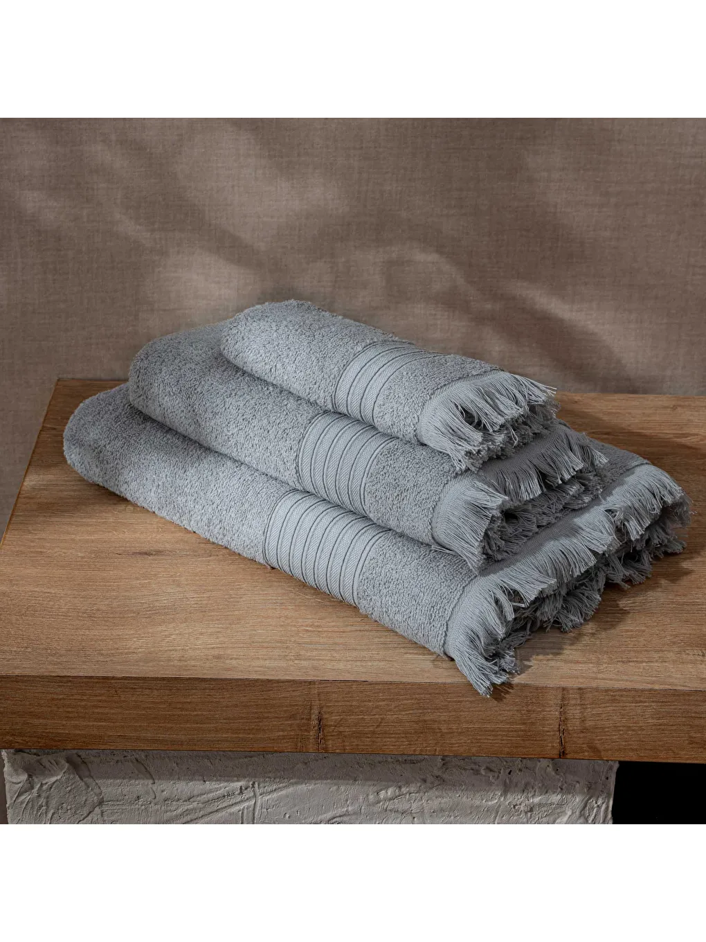 Aya 3'lü Havlu Seti %100 Pamuk Jakarlı Gri-2
