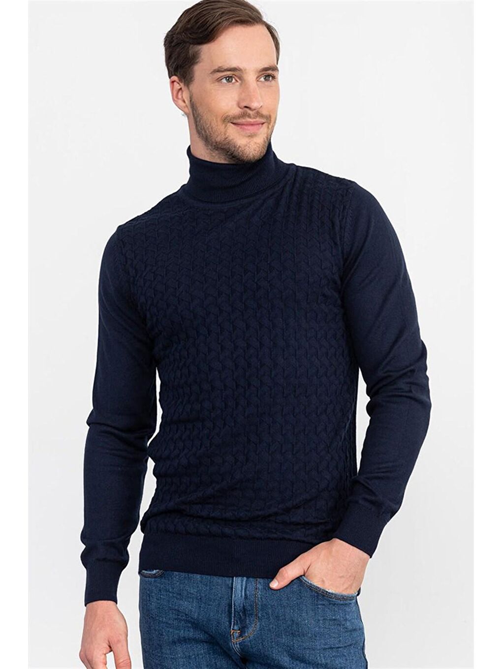 Slim Fit Tam Balıkçı Yaka İnce Yün Erkek Lacivert Kazak