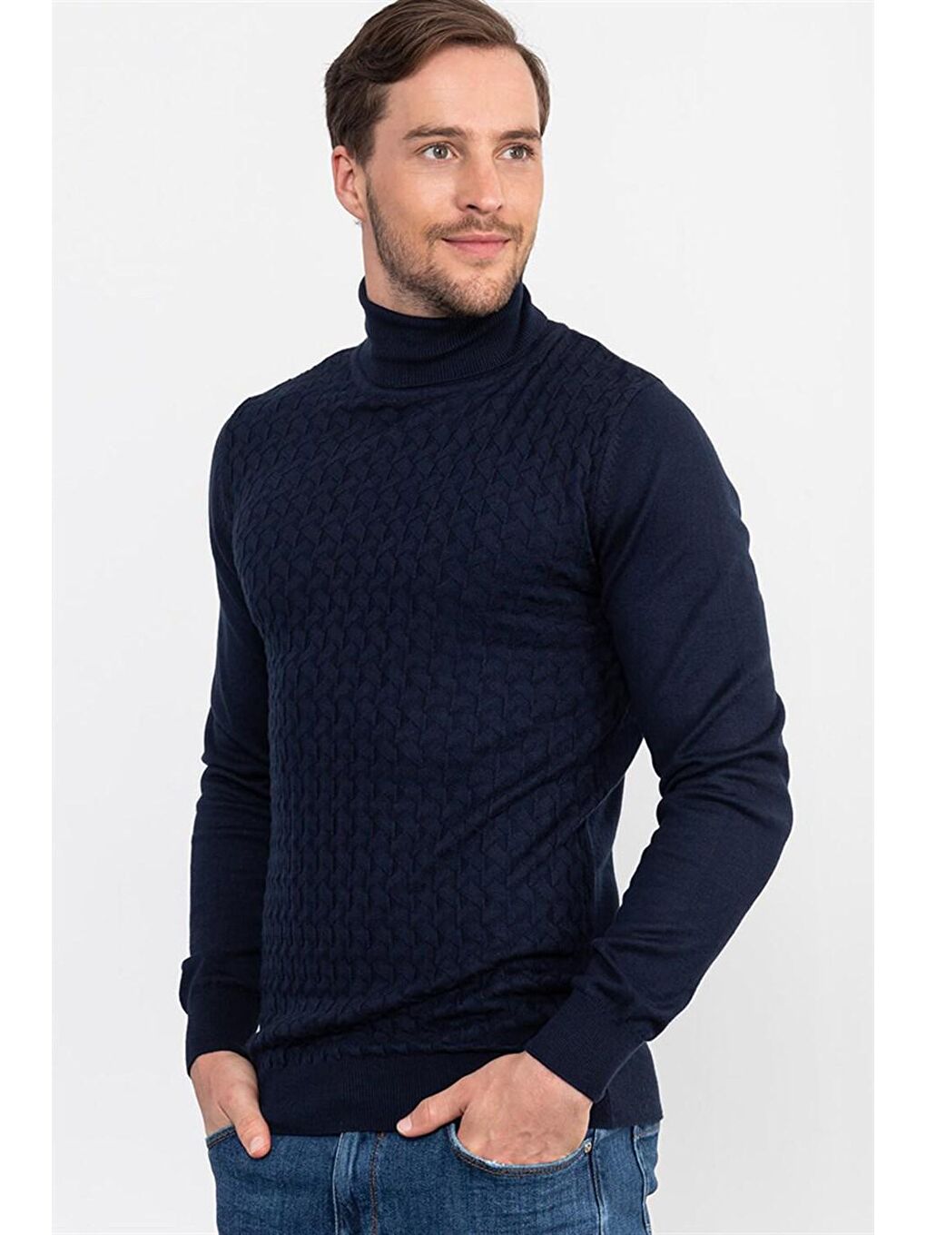 Slim Fit Tam Balıkçı Yaka İnce Yün Erkek Lacivert Kazak-1