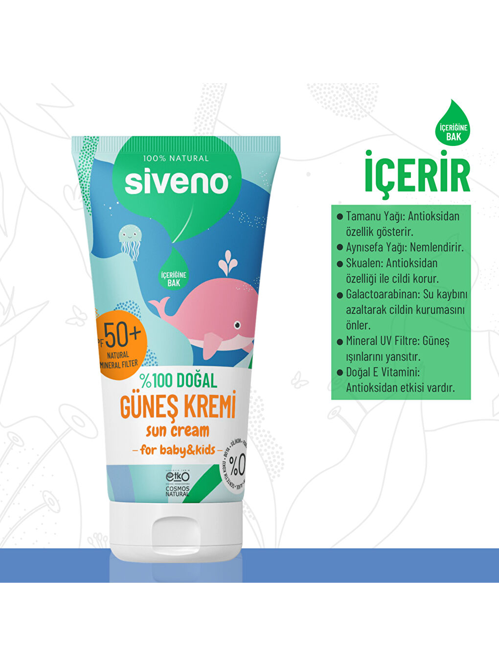%100 Doğal Bebek Güneş Kremi Leke Karşıtı Antioksidan Nemlendirici Vegan UVA UVB SPF 50+ 50 ml-2
