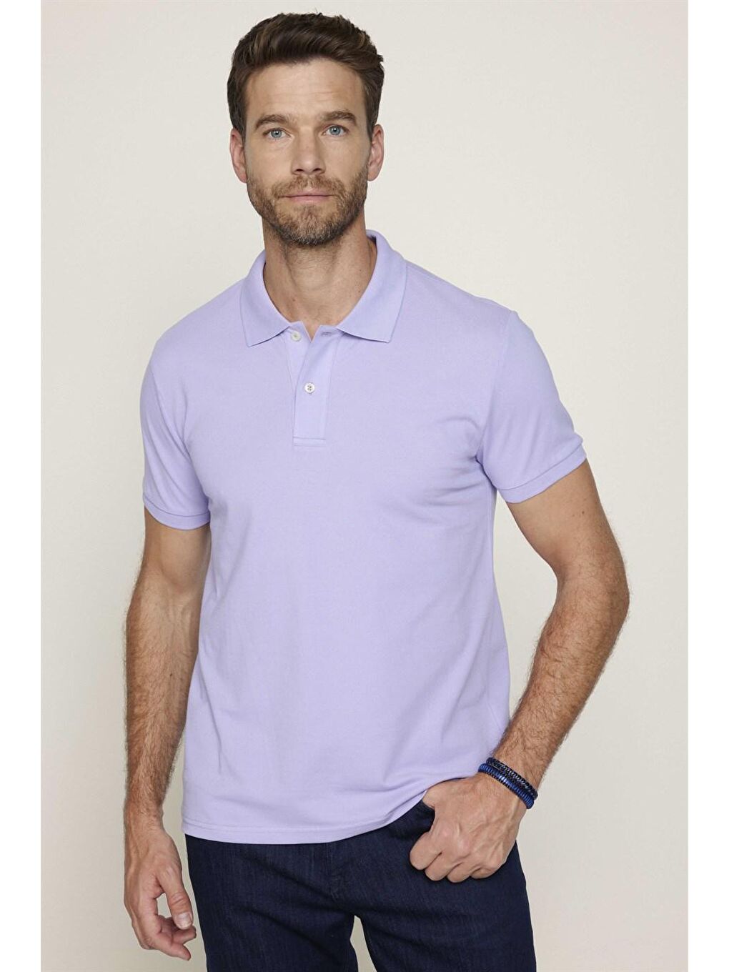 Erkek Slim Fit Dar Kesim %100 Pamuk Düz Pike Mor Polo Yaka Tişört-1