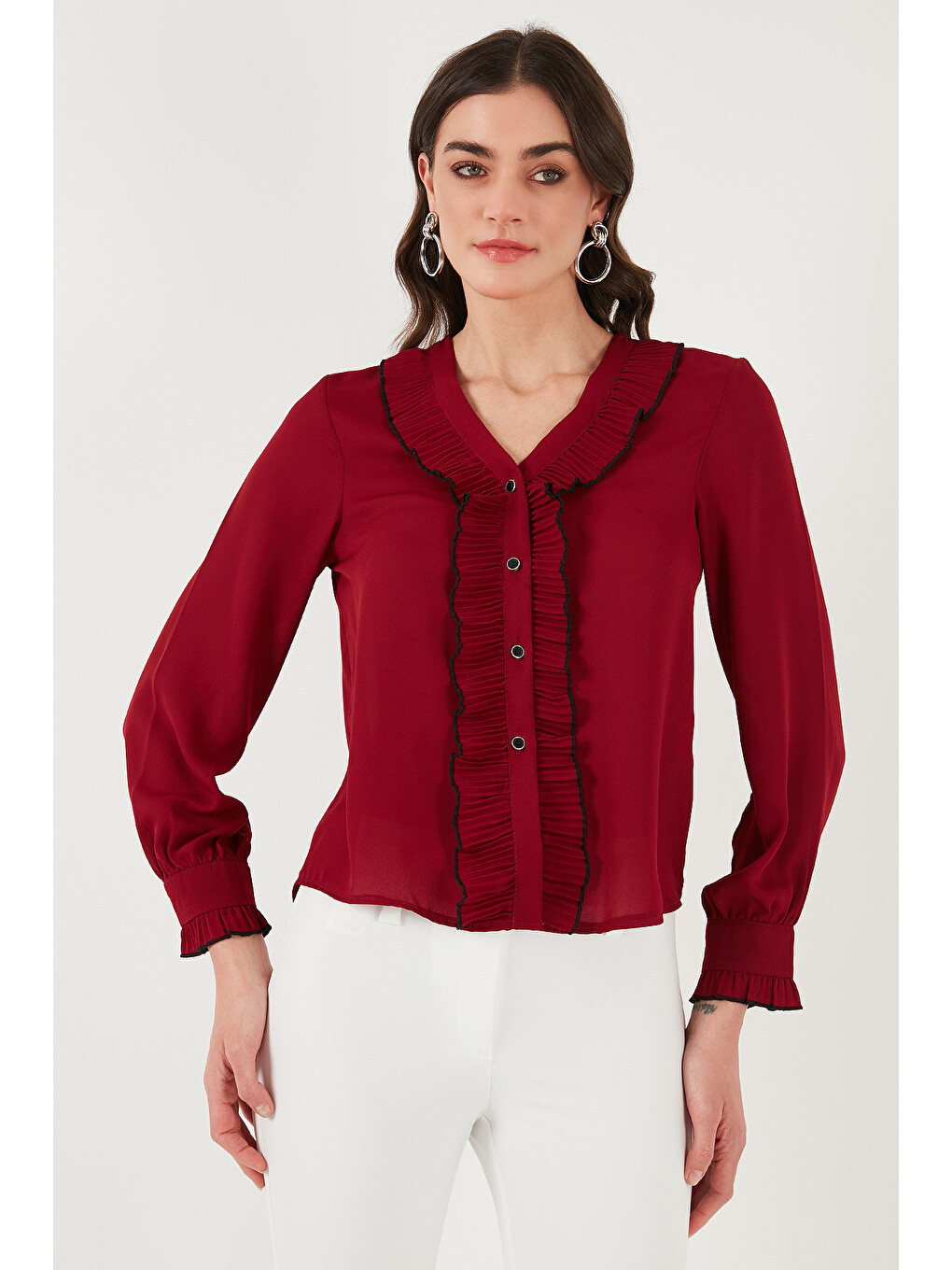 Bordo Standart Fit V Yaka Fırfırlı Uzun Kollu Kadın Gömlek 611go00341-3