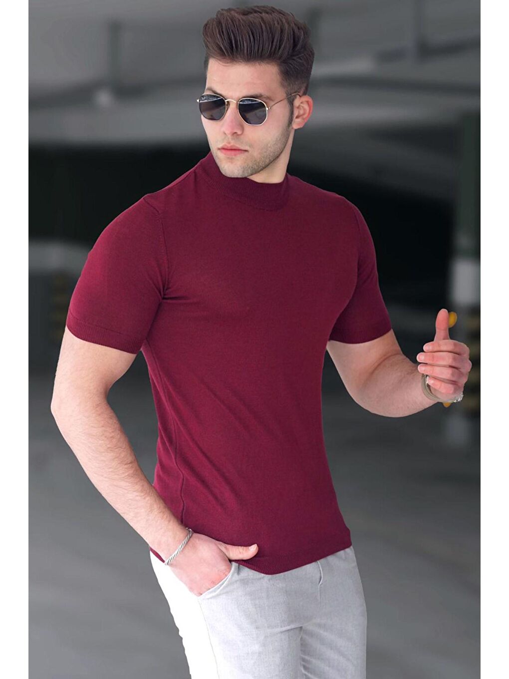 Yarım Balıkçı Bordo Erkek Triko Tişört 5069