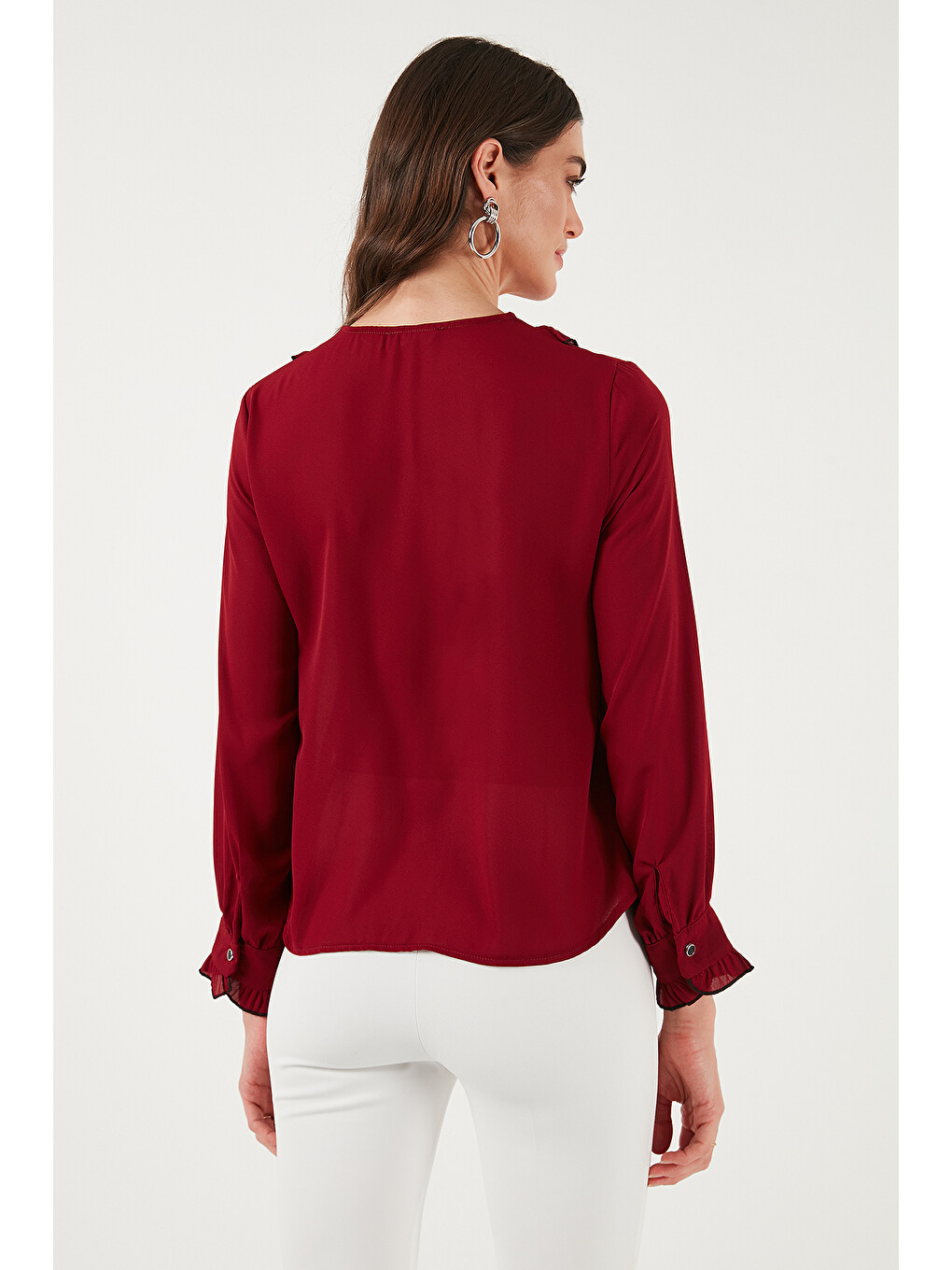 Bordo Standart Fit V Yaka Fırfırlı Uzun Kollu Kadın Gömlek 611go00341-6