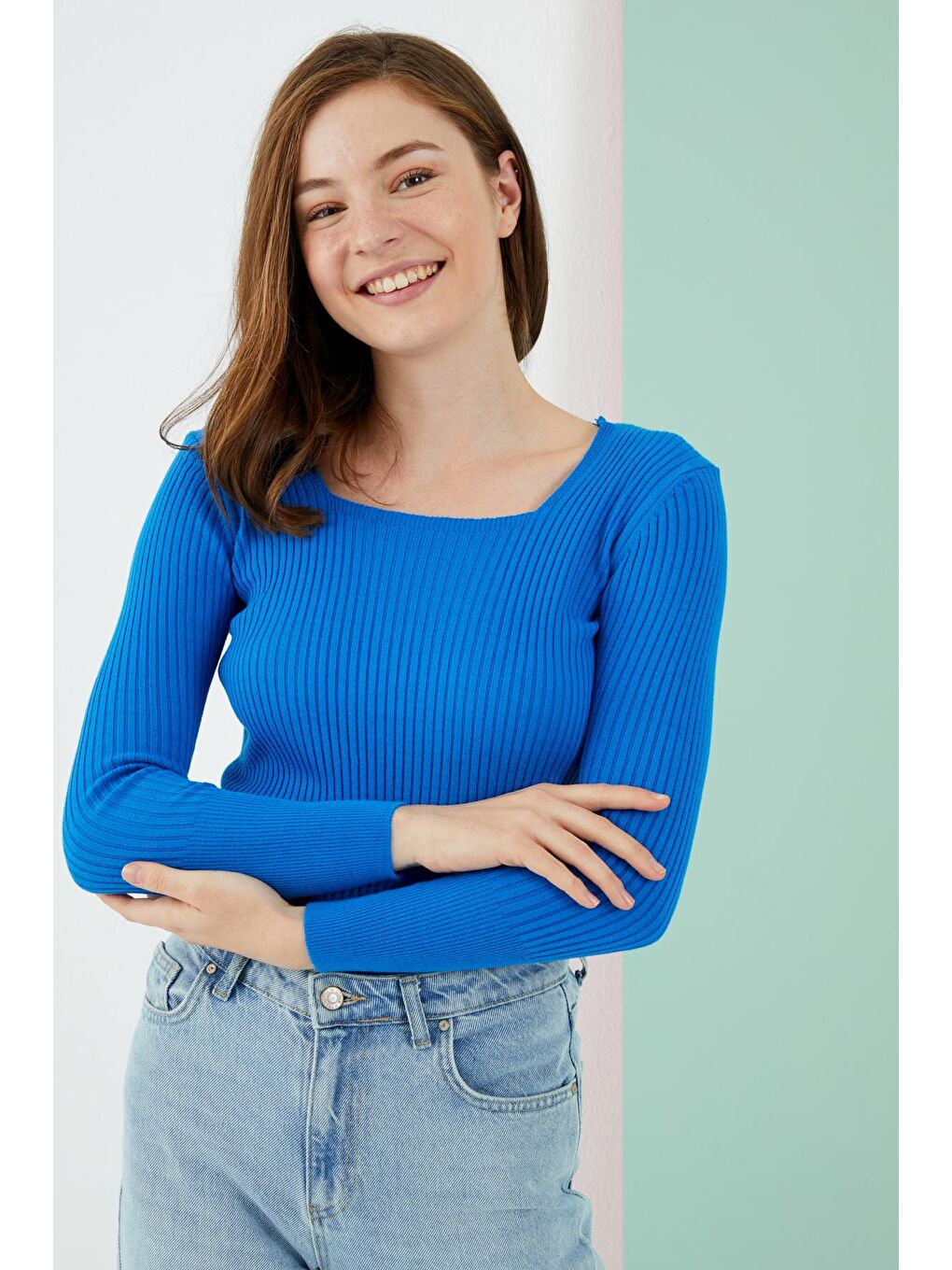 Kadın Saks Mavisi Kare Yaka Fitilli Dar Kalıp Basic Kazak