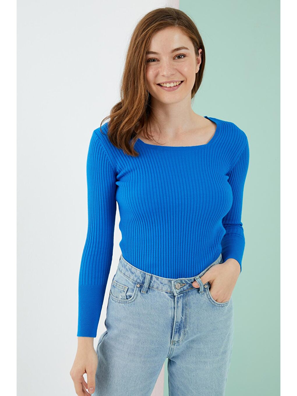 Kadın Saks Mavisi Kare Yaka Fitilli Dar Kalıp Basic Kazak-1