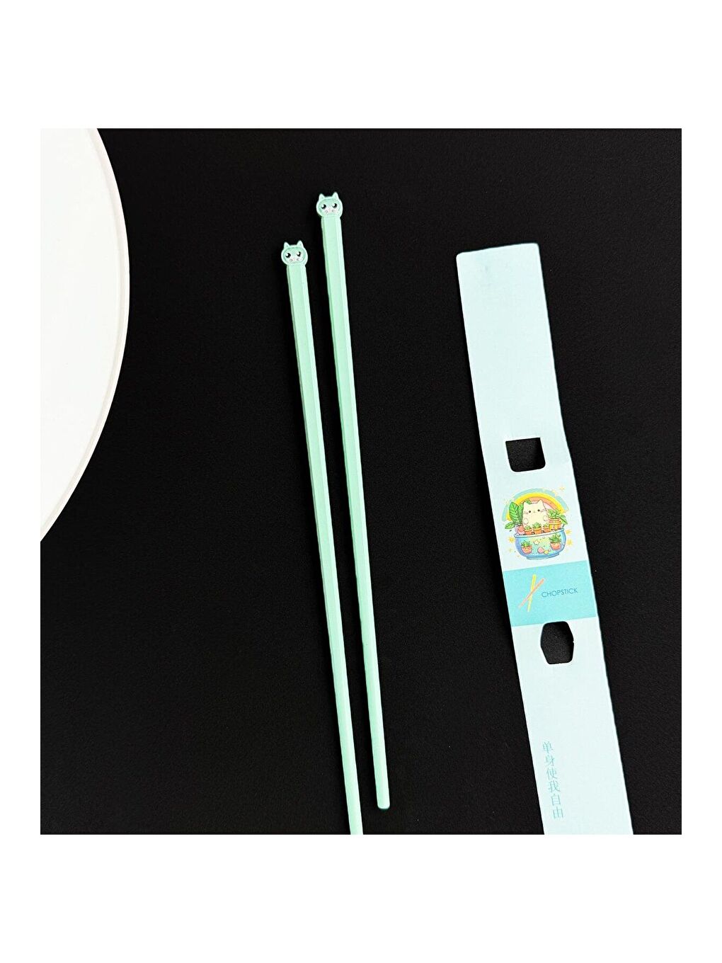 BAM HEDİYELİK EŞYA Yeşil Kedi Figürlü Metal Chopstick - 1
