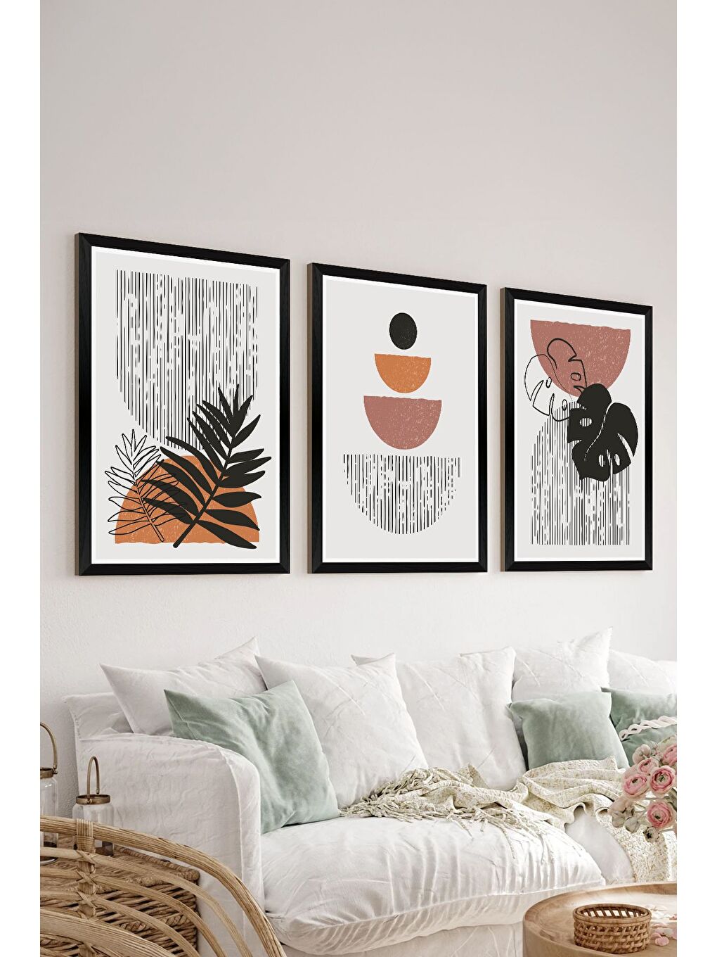 Beyaz 3 Parça Siyah Çerçeve Görünümlü Mdf Tablo Seti - Set 12 - 3SYHART12-2030