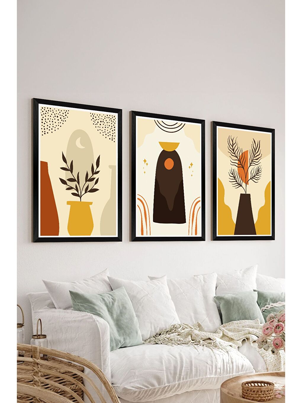 Beyaz 3 Parça Siyah Çerçeve Görünümlü Mdf Tablo Seti - Set 16 - 3SYHART16-1520