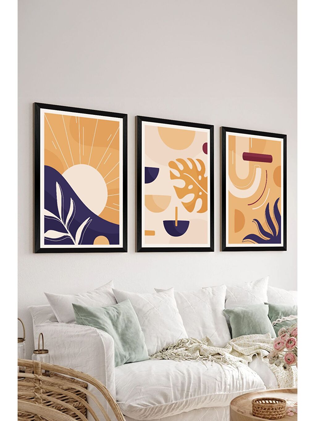 Beyaz 3 Parça Siyah Çerçeve Görünümlü Mdf Tablo Seti - Set 18 - 3SYHART18-2030