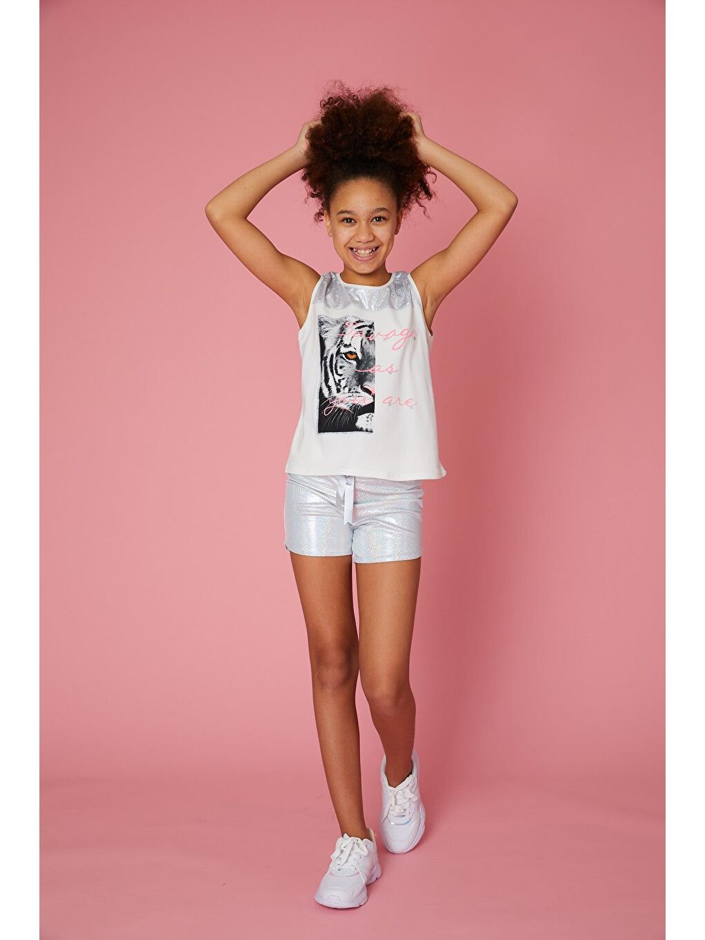 Ekru Kız Çocuk Kaplan Baskı Tişört