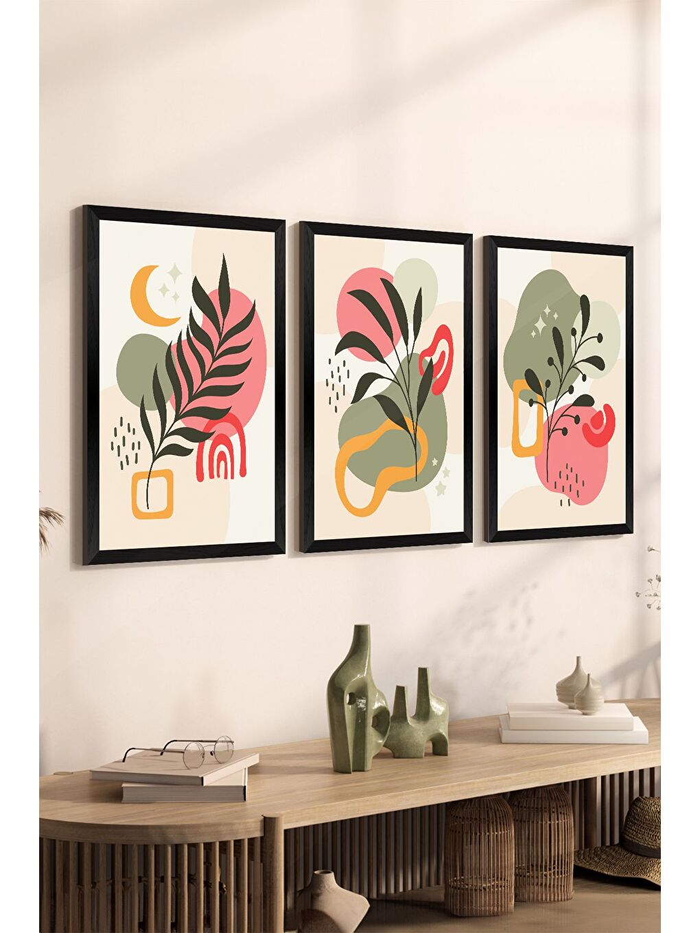 Beyaz 3 Parça Siyah Çerçeve Görünümlü Mdf Tablo Seti - Set 19 - 3SYHART19-2030