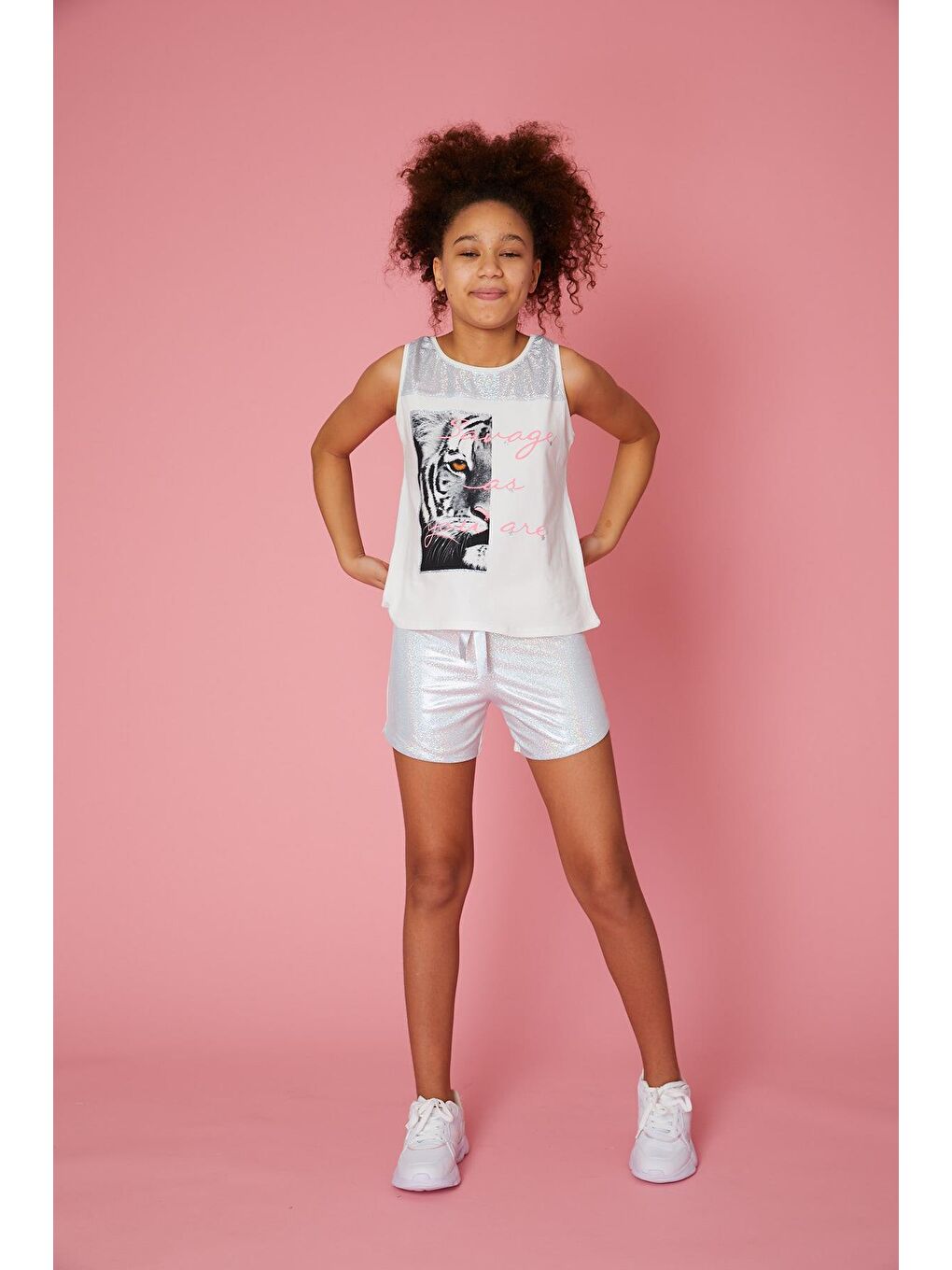Ekru Kız Çocuk Kaplan Baskı Tişört-1