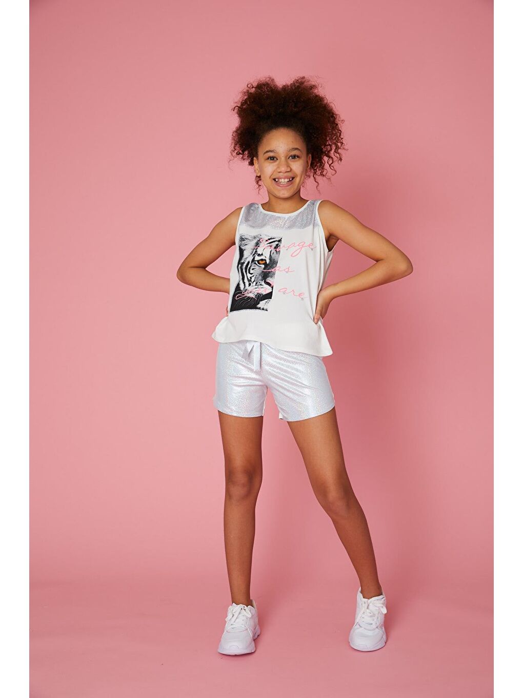 Ekru Kız Çocuk Kaplan Baskı Tişört-2