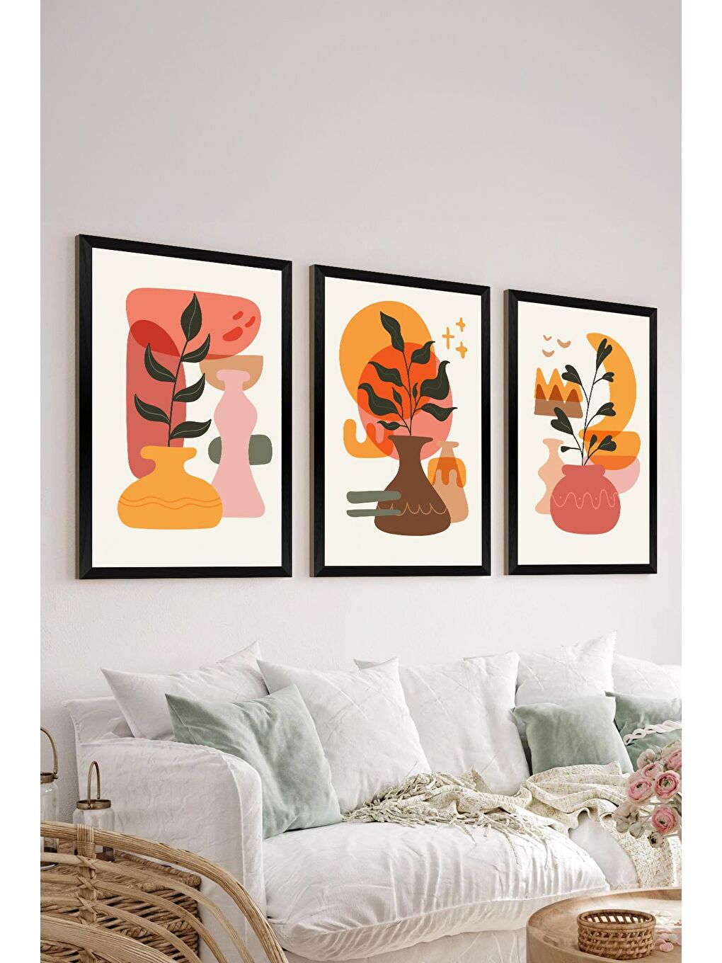 Beyaz 3 Parça Siyah Çerçeve Görünümlü Mdf Tablo Seti - Set 20 - 3SYHART20-3348