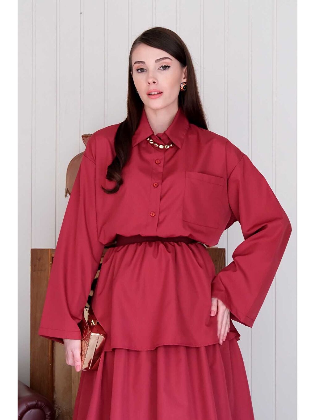 Bordo Paraşüt Cepli Crop Gömlek-1