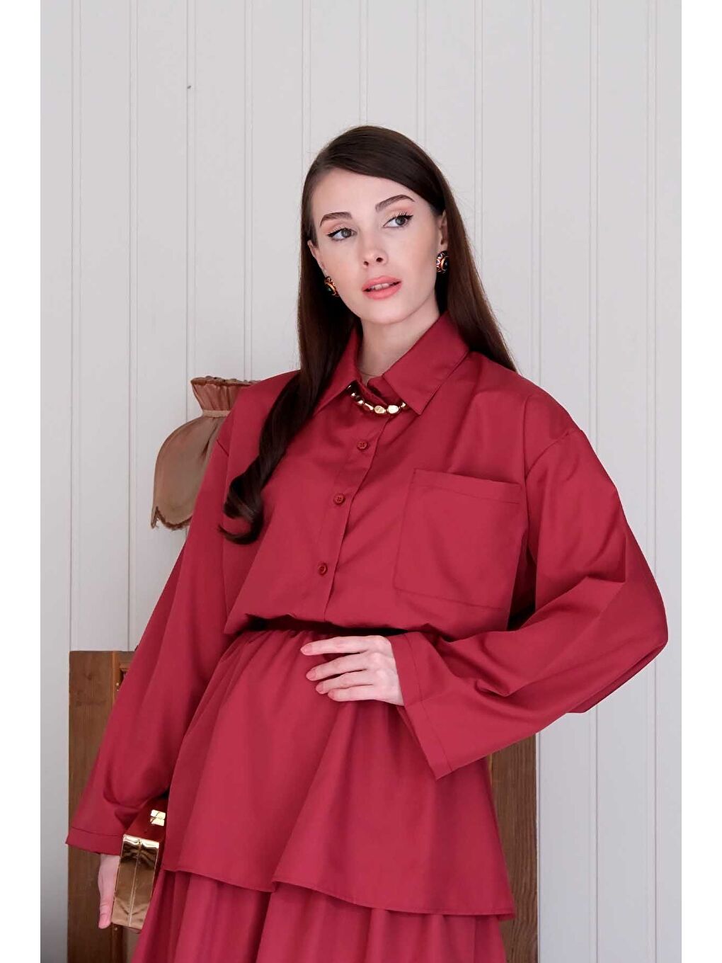 Bordo Paraşüt Cepli Crop Gömlek-3