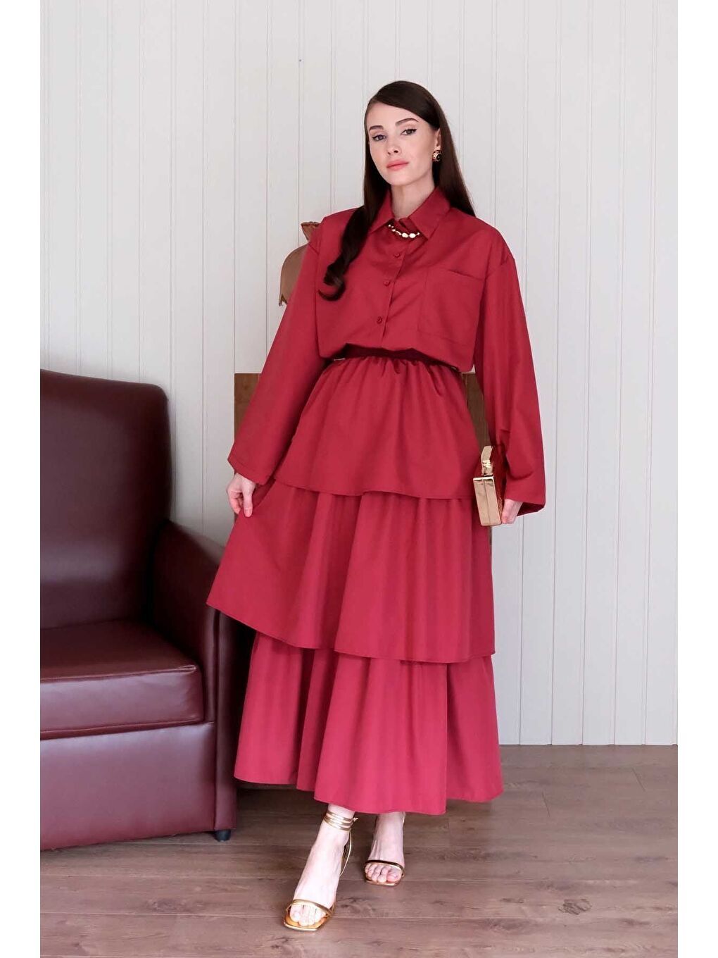 Bordo Paraşüt Cepli Crop Gömlek-5