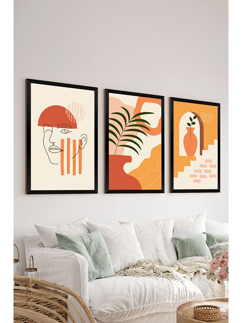 Beyaz 3 Parça Siyah Çerçeve Görünümlü Mdf Tablo Seti - Set 24 - 3SYHART24-3348