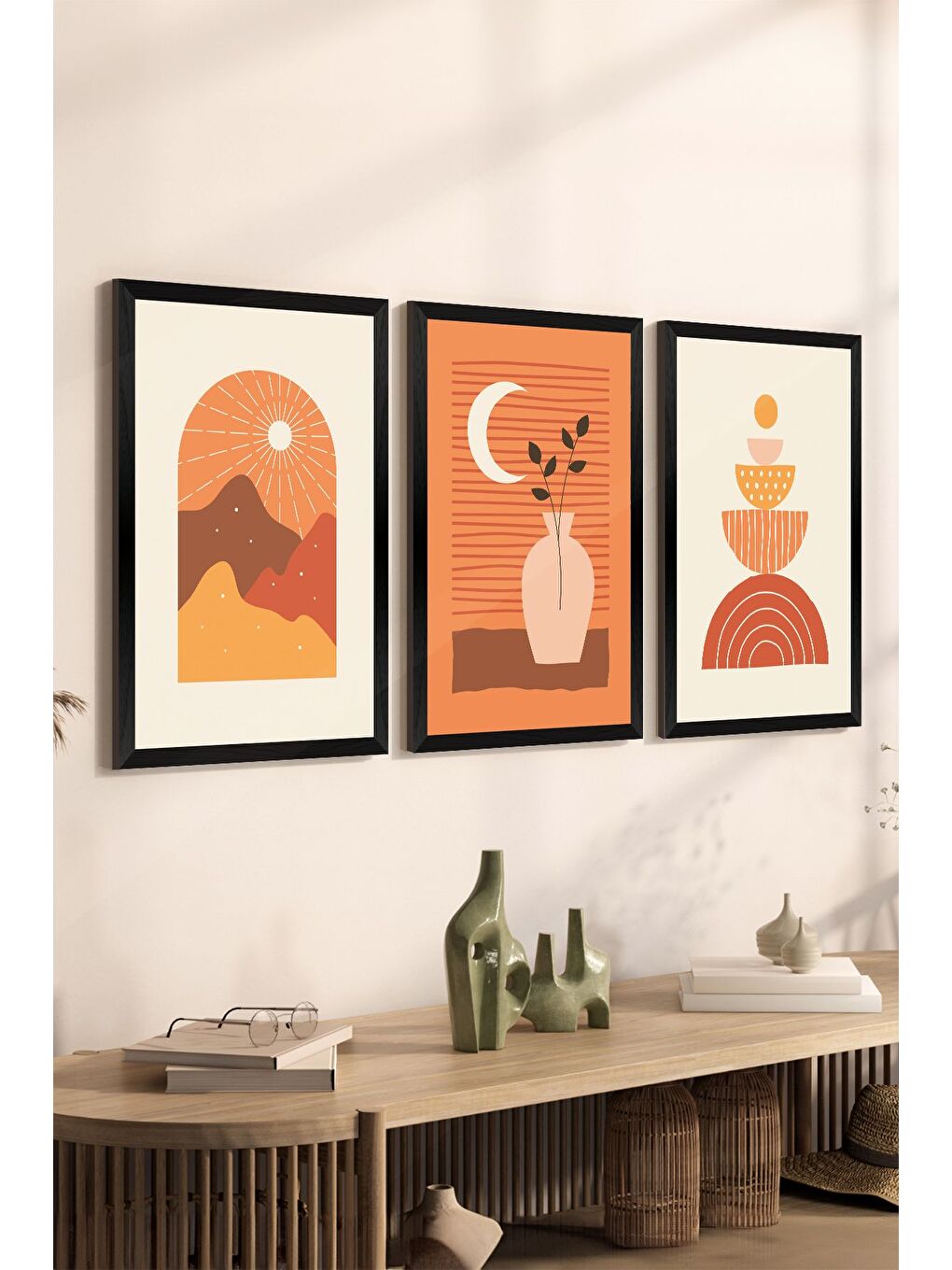 Beyaz 3 Parça Siyah Çerçeve Görünümlü Mdf Tablo Seti - Set 25 - 3SYHART25-2030