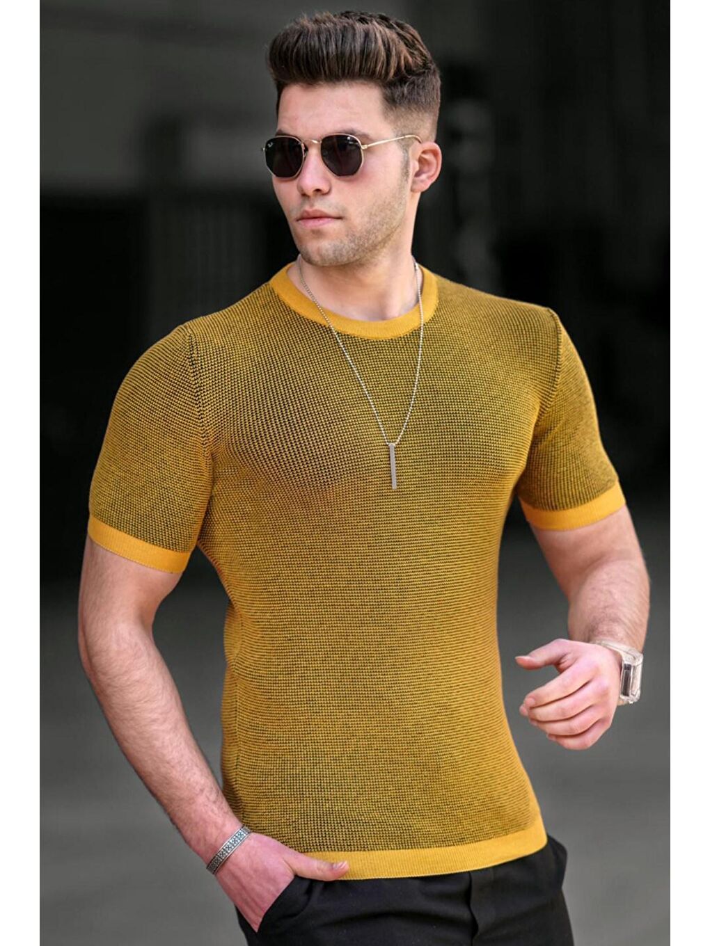 Sarı Erkek Hardal Triko Tişört 5076