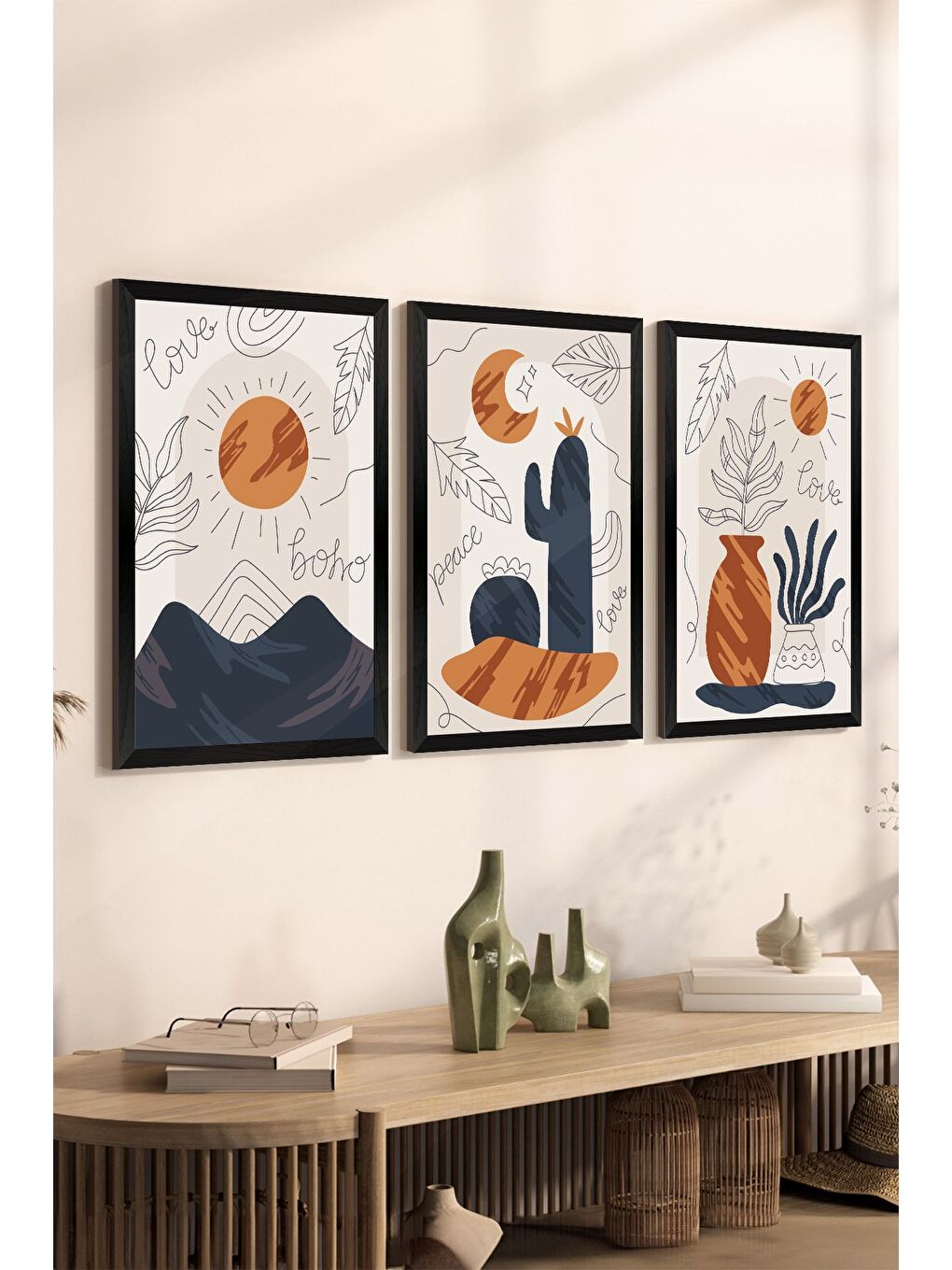 Beyaz 3 Parça Siyah Çerçeve Görünümlü Mdf Tablo Seti - Set 7 - 3SYHART7-3348