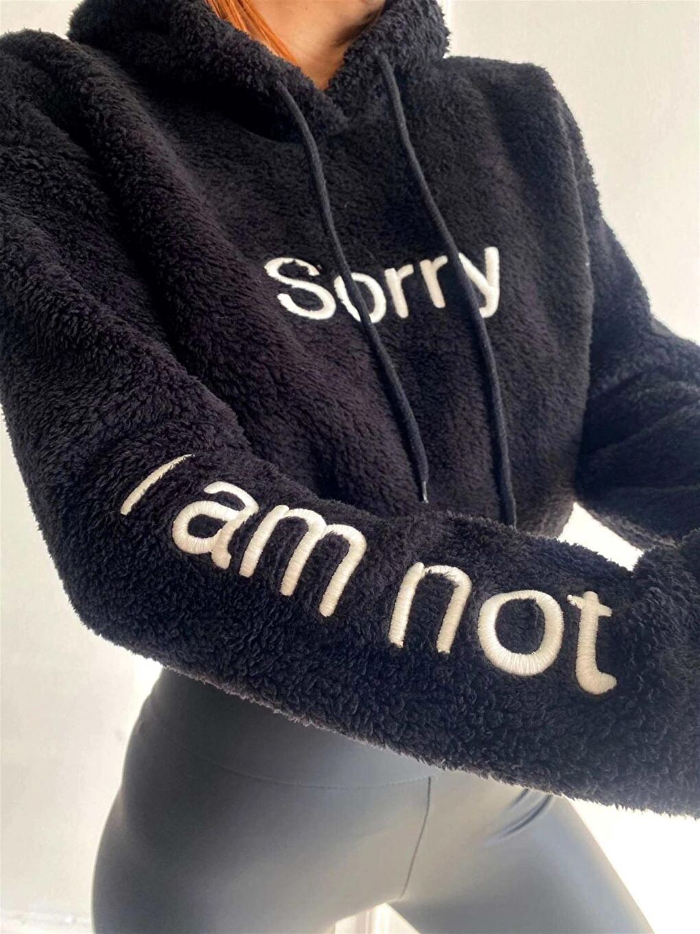 hazelin Siyah Kadın Siyah Sorry Baskılı Beli Lastikli Rahat Peluş Sweatshirt HZL23W-BD1553981 - 3