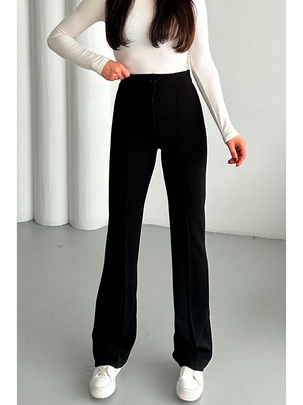 Kadın Siyah Elastanlı Palazzo Yüksek Bel Pantolon-1