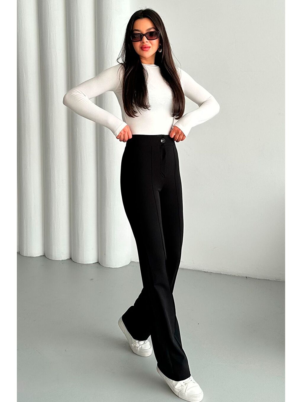 Kadın Siyah Elastanlı Palazzo Yüksek Bel Pantolon-3