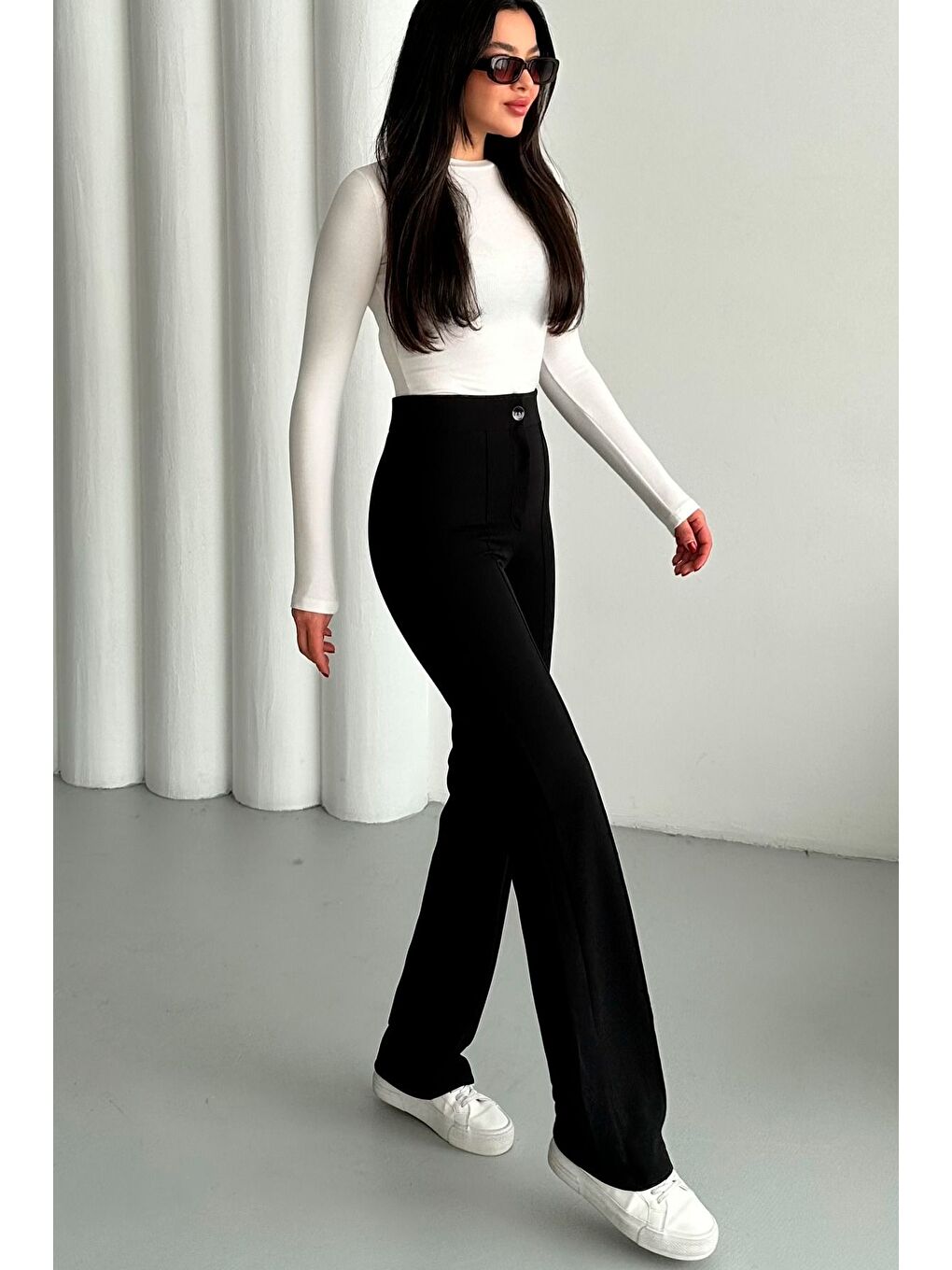 Kadın Siyah Elastanlı Palazzo Yüksek Bel Pantolon-5