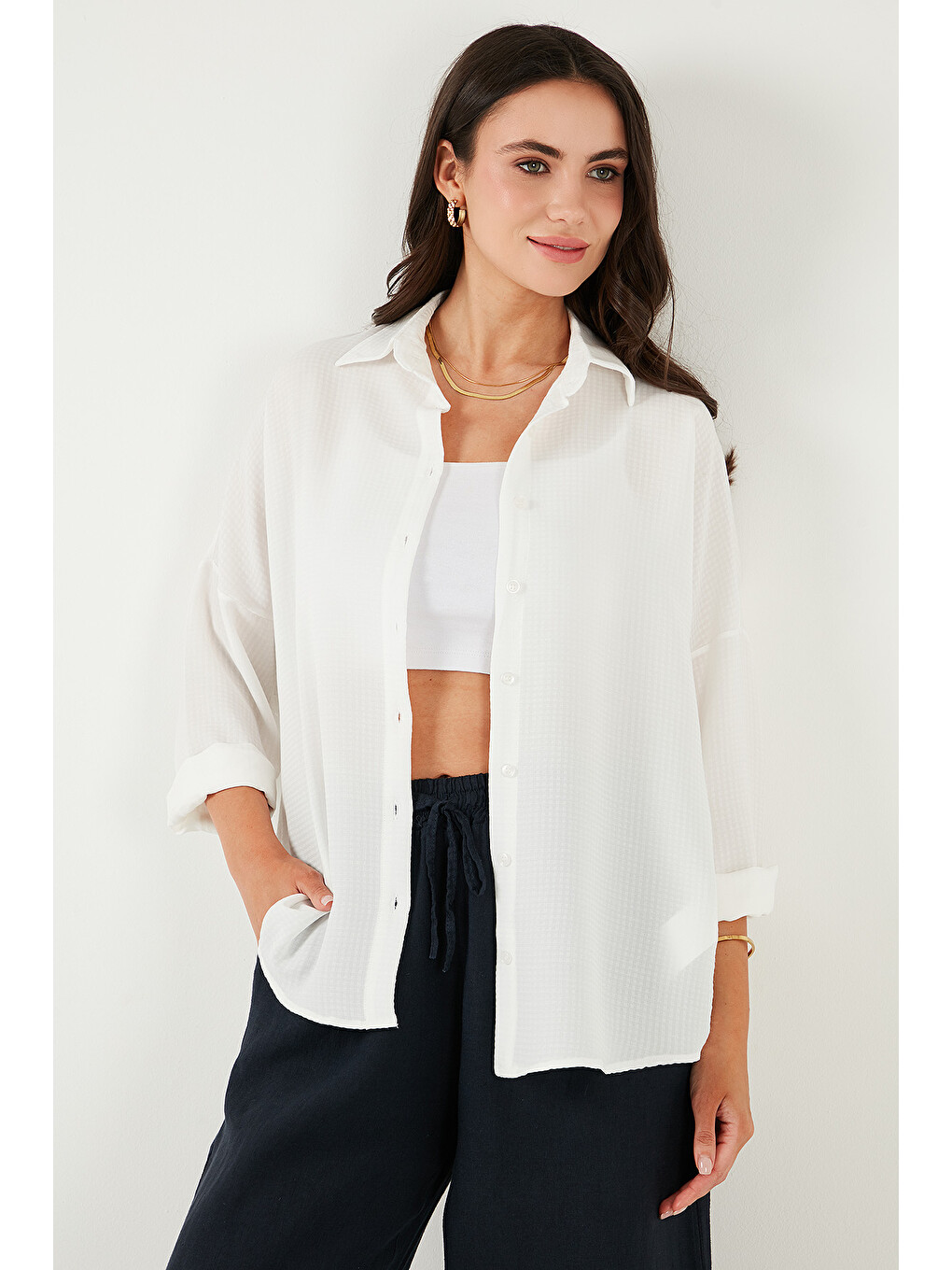 Ekru Pamuk Karışımlı Regular Fit Dokulu Kadın Gömlek 6772931-4
