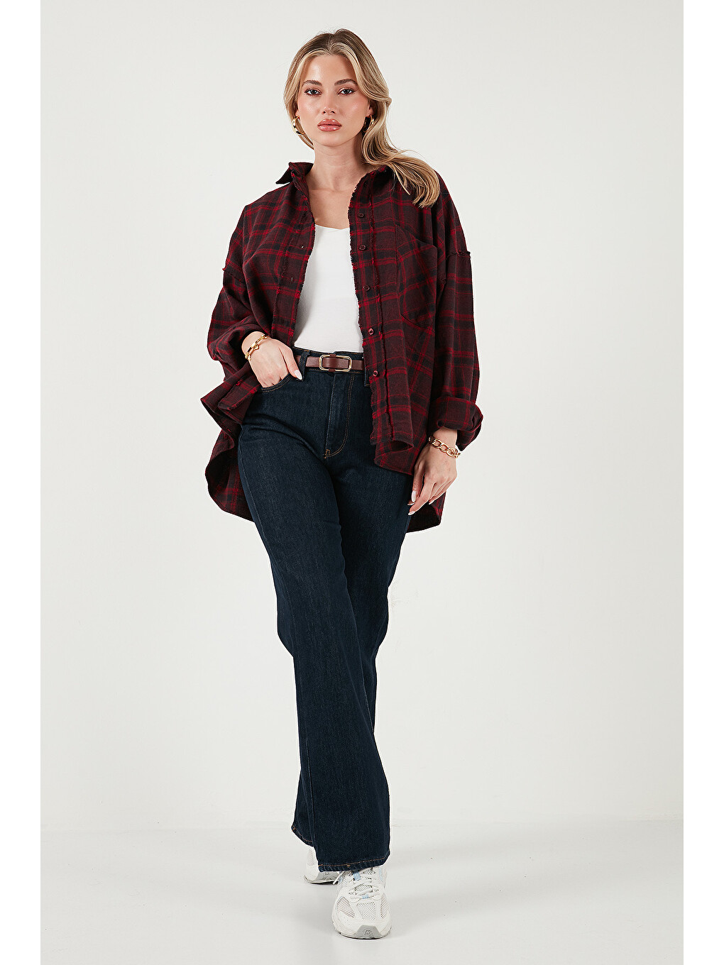 Mürdüm Ekoseli Pamuklu Oversize Fit Klasik Yaka Gömlek 6835002-1