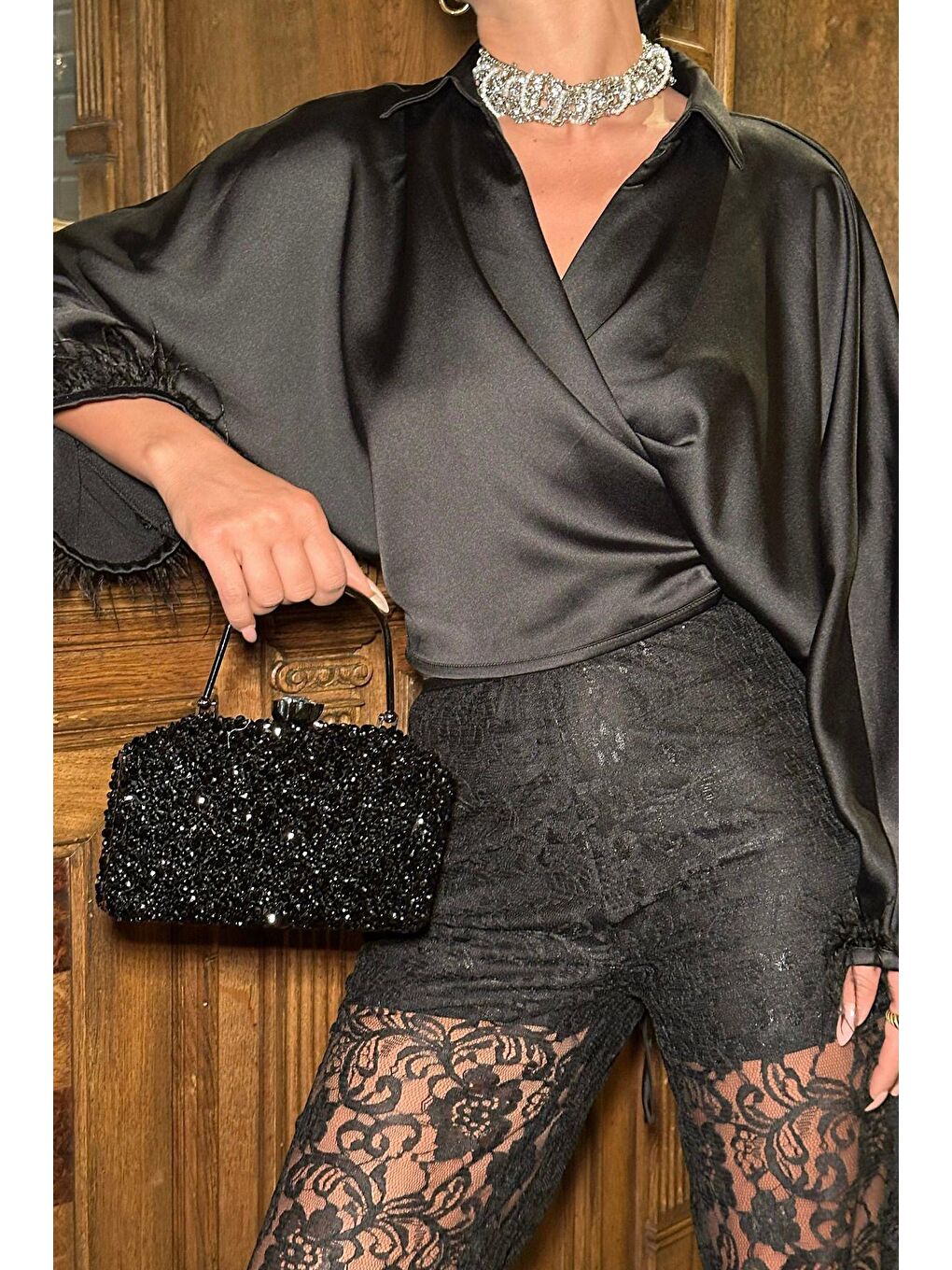 Taşlı El ve Omuz Askılı Abiye Çanta Pavlina Siyah-2