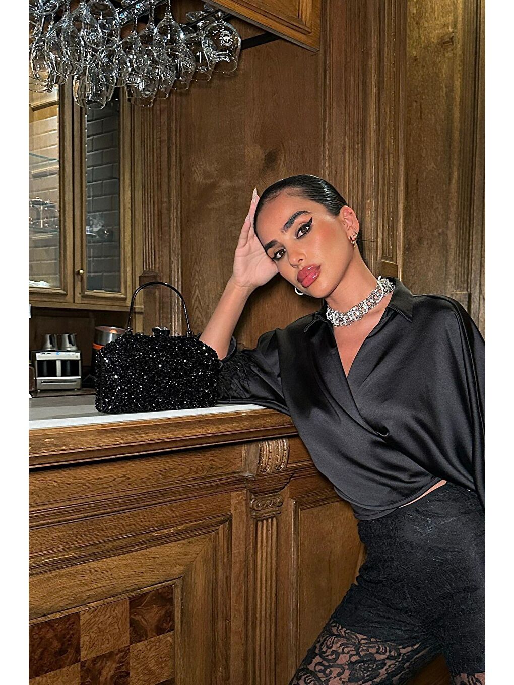 Taşlı El ve Omuz Askılı Abiye Çanta Pavlina Siyah-3